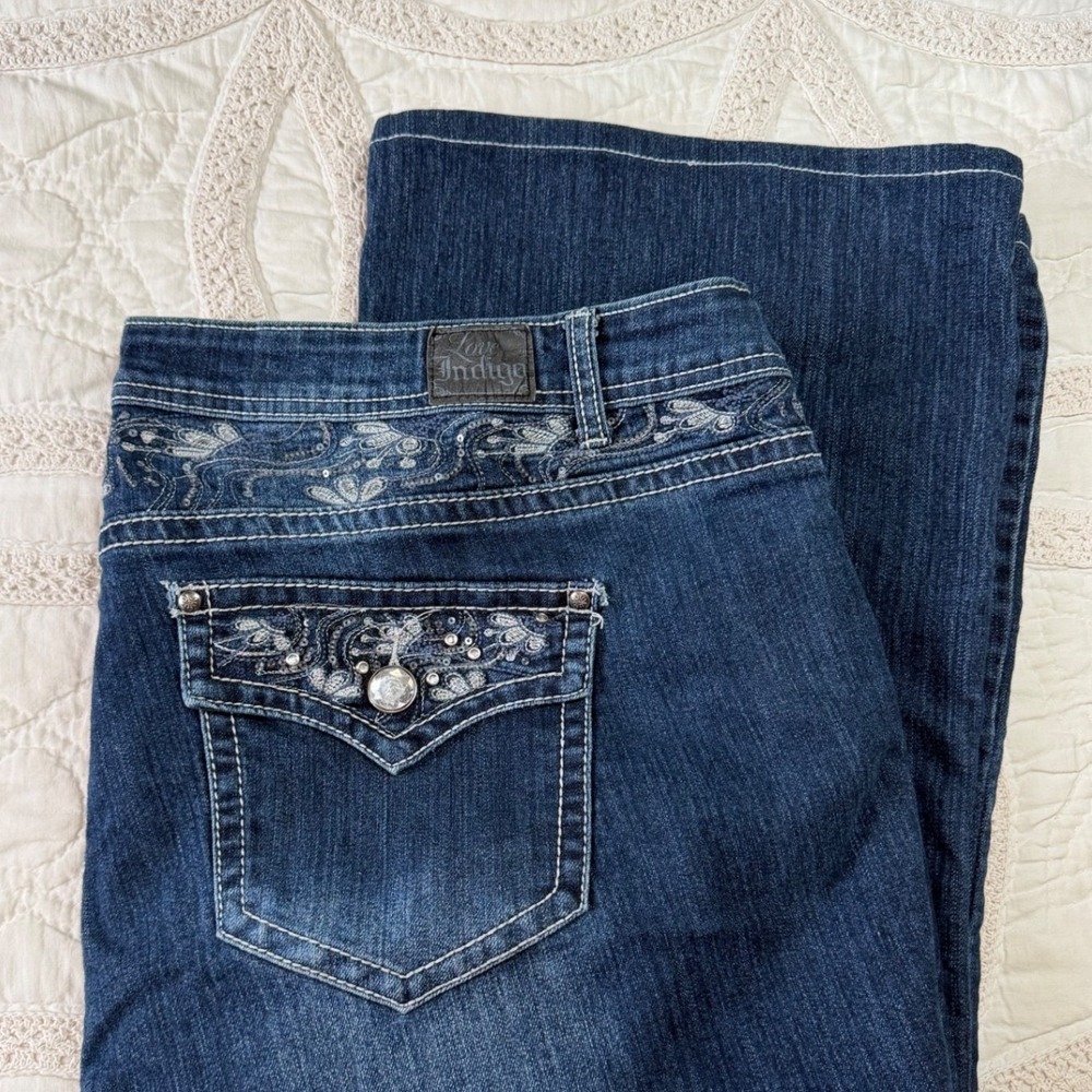 Love Indigo Bootcut Jeans Blue Embroidered Rhinestone Embellished Womens 24